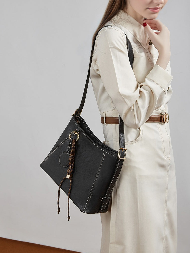 Women's Full-Grain Cowhide Contrast Stitch Hobo Bag