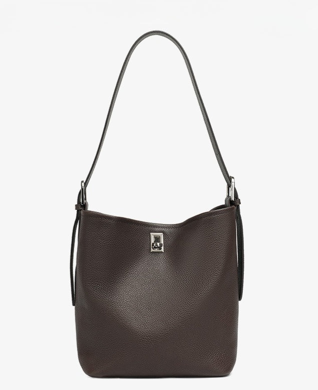 Women's Full-Grain Cowhide Sculpted Bucket Bag with Turn-Lock