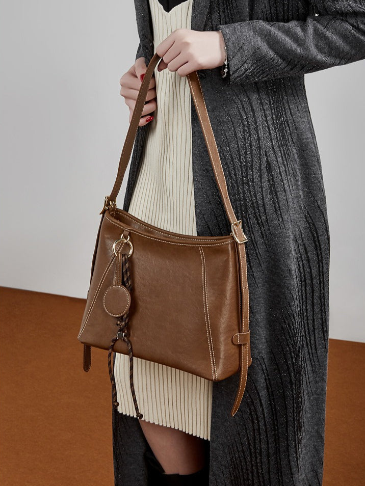 Women's Full-Grain Cowhide Contrast Stitch Hobo Bag