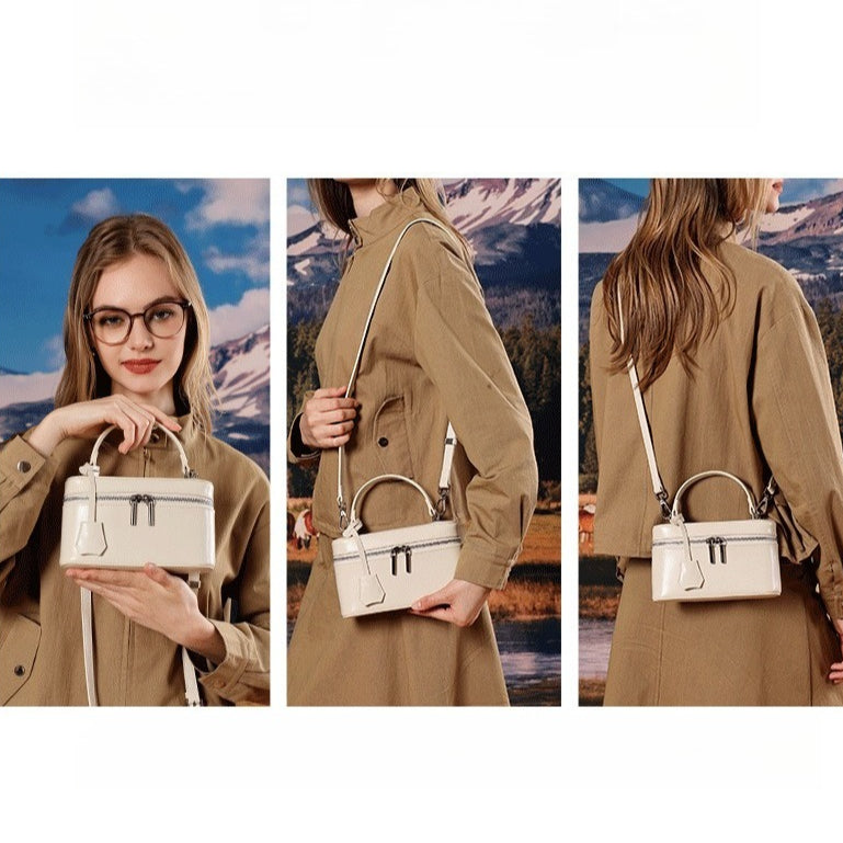 Women's Genuine Leather Square Box Bag with Adjustable Strap