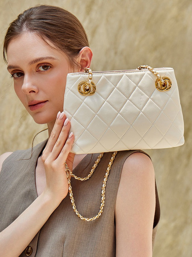 Women's Quilted Sheepskin Chain Mini Tote Bag