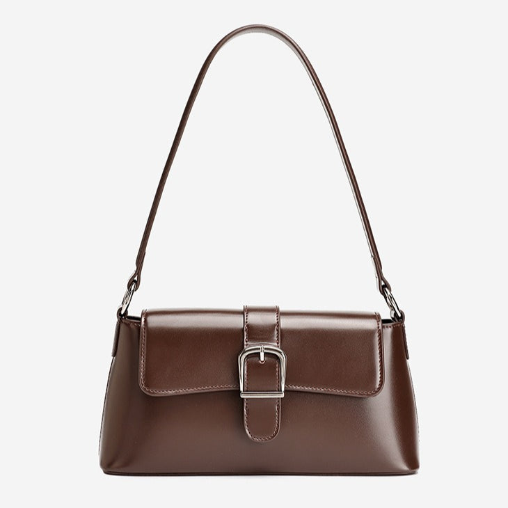 Women's Genuine Leather Vintage Baguette Shoulder Bag with Buckle