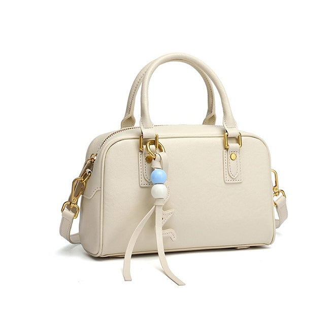 Women's Genuine Leather Boston Bag with Wavy Charm