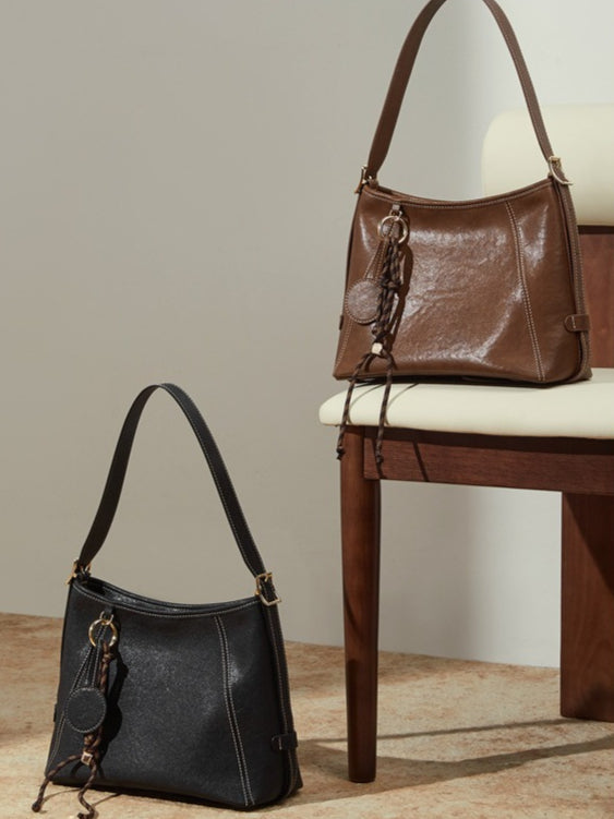 Women's Full-Grain Cowhide Contrast Stitch Hobo Bag
