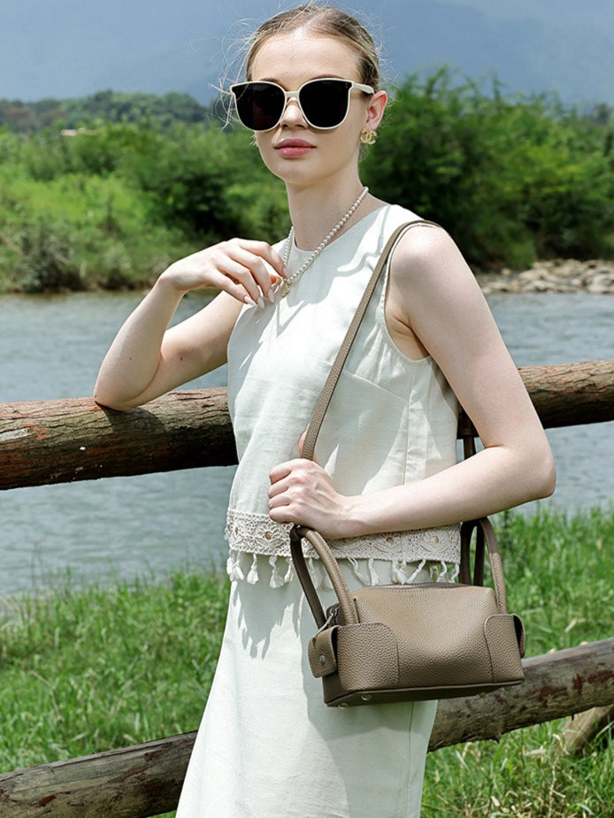 Women's Pebbled Cowhide Mini Boston Bag with Adjustable Strap