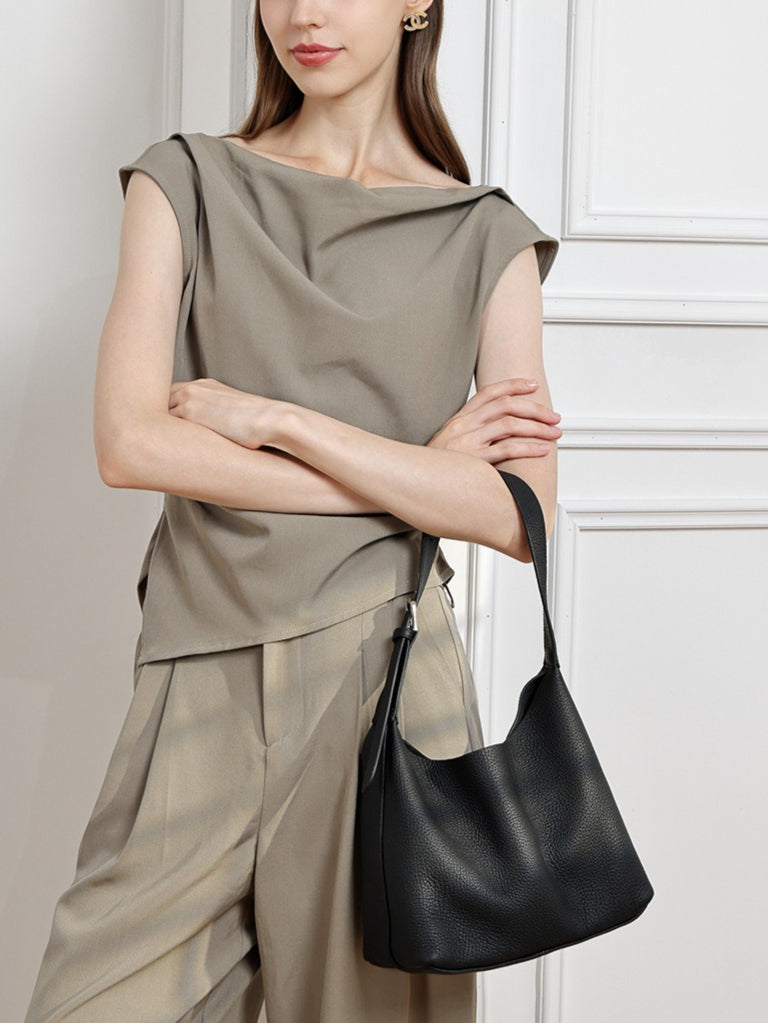 Women's TC Full-Grain Cowhide Hobo Bucket Bag with Adjustable Strap