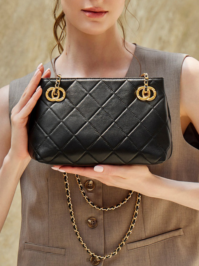 Women's Quilted Sheepskin Chain Mini Tote Bag