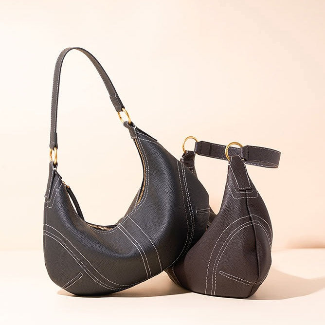 Women's Pebbled Cowhide Curved Hobo Bag with Contrast Stitching