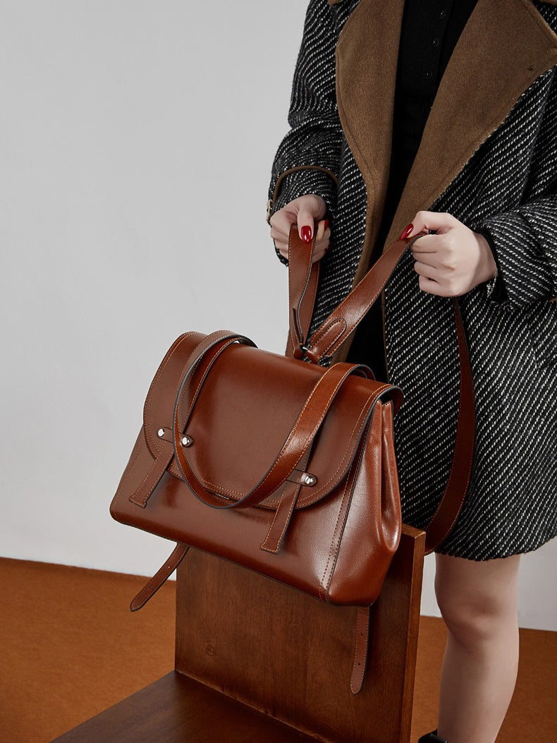 Women's Oil-Waxed Cowhide Convertible Flap Backpack