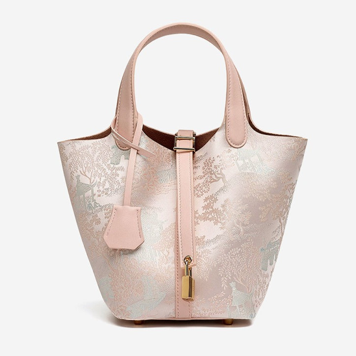 Women's Oriental Garden Genuine Leather Bucket Bag with Charm