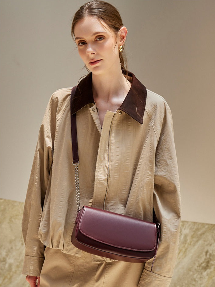 Women's Soft Cowhide Baguette Saddle Bag with Chain Strap