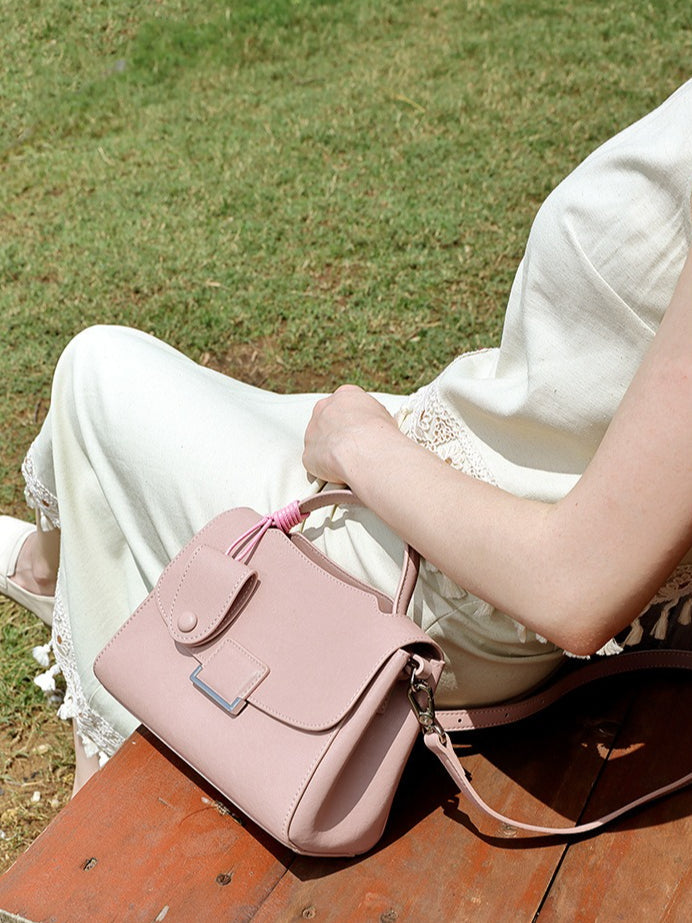 Women's Genuine Leather Square Flap Bag with Magnetic Closure