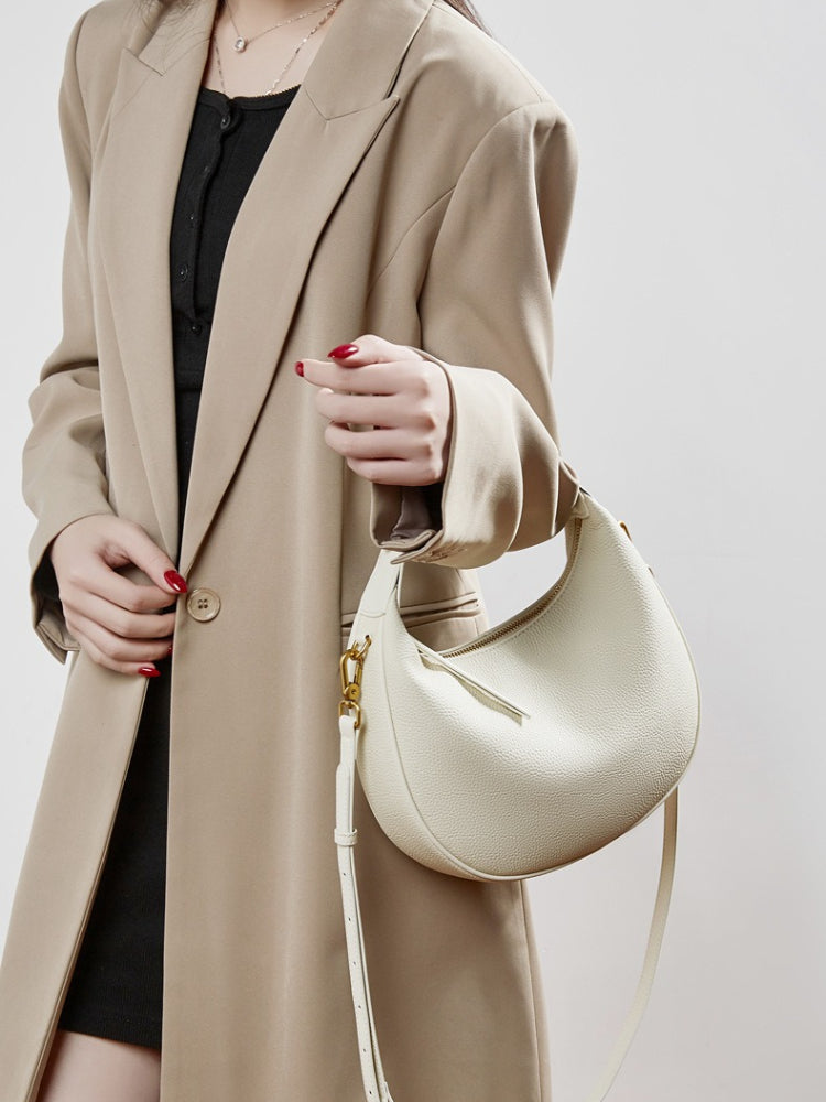 Women's Pebbled Cowhide Half-Moon Hobo Bag with Adjustable Strap
