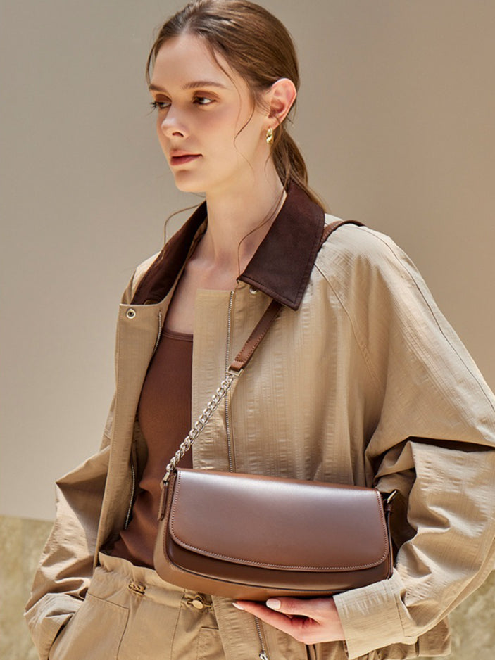 Women's Soft Cowhide Baguette Saddle Bag with Chain Strap