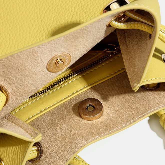 Women's Pebbled Cowhide Drawstring Phone Bag with Gold Accents