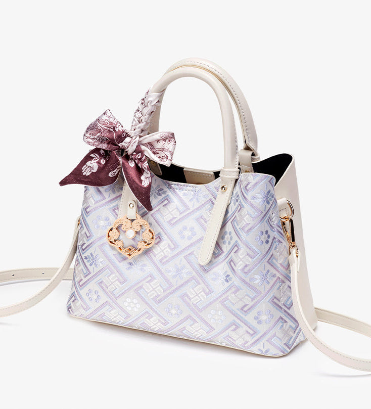 Women's Lavender Brocade Pattern Mini Tote with Scarf Bow