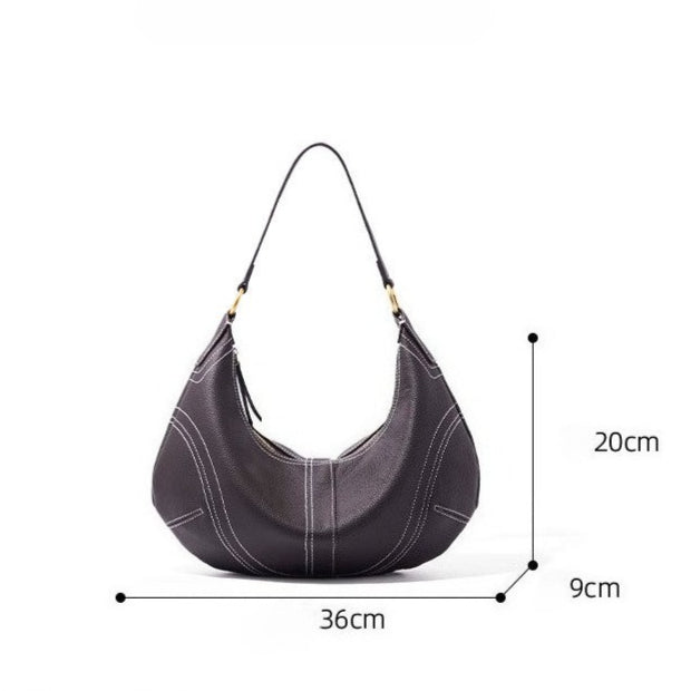 Women's Pebbled Cowhide Curved Hobo Bag with Contrast Stitching