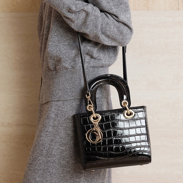 Women's Genuine Leather Croc Embossed Top Handle Crossbody Bag