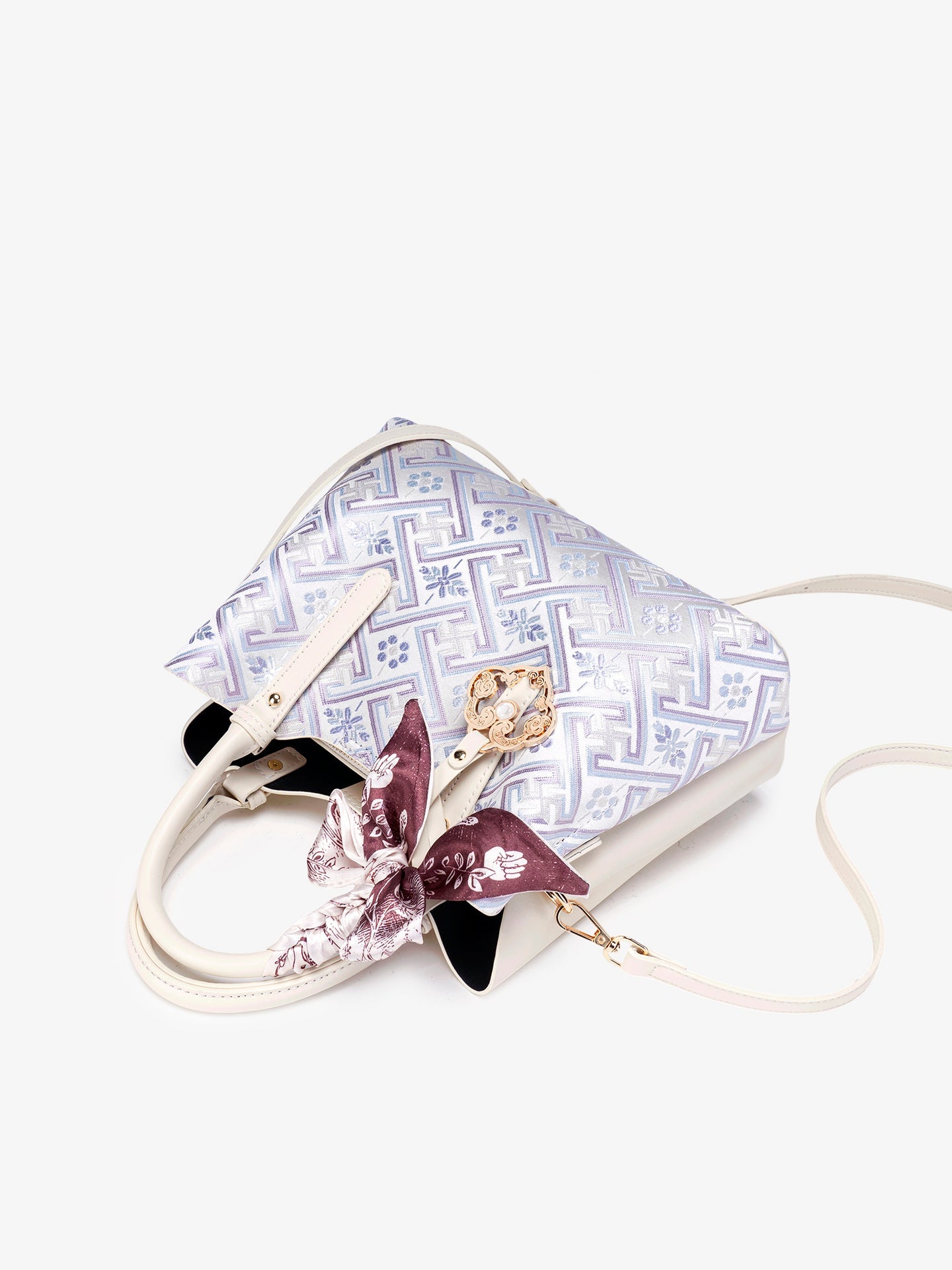 Women's Lavender Brocade Pattern Mini Tote with Scarf Bow