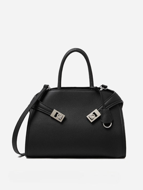 Women's Lychee-Grain Cowhide Double-Buckle Convertible Tote