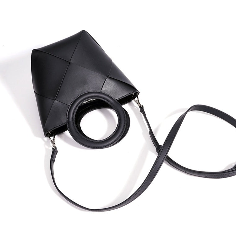 Women's Woven Cowhide Mini Bucket Bag with Adjustable Strap