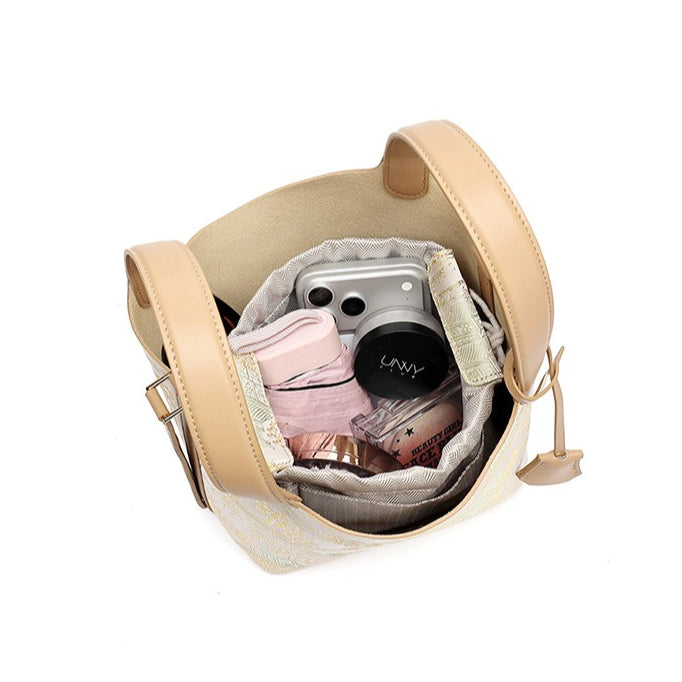 Women's Oriental Garden Genuine Leather Bucket Bag with Charm