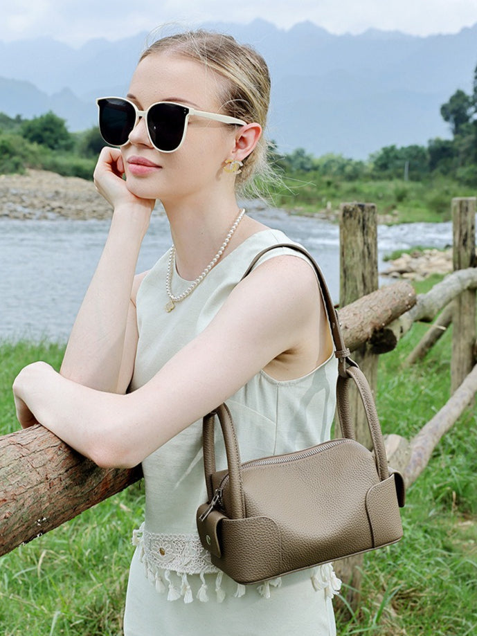 Women's Pebbled Cowhide Mini Boston Bag with Adjustable Strap