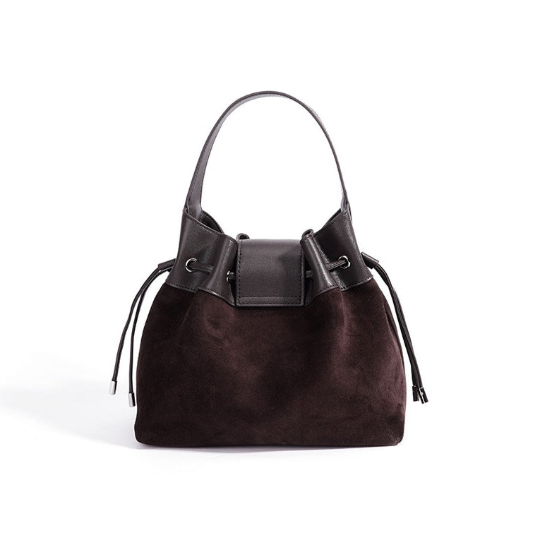 Women's Suede Leather Drawstring Bucket Bag with Horse Charm