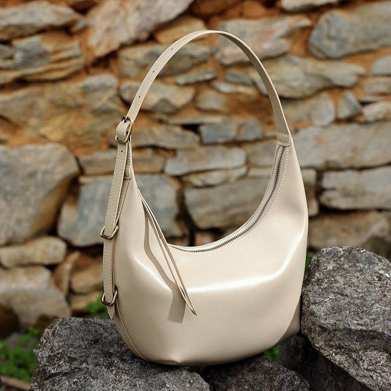 Women's Oil-Waxed Cowhide Semi-Circle Top Handle Bag