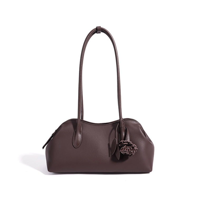 Women's Genuine Leather Curved Shoulder Clutch with Tassel Charm
