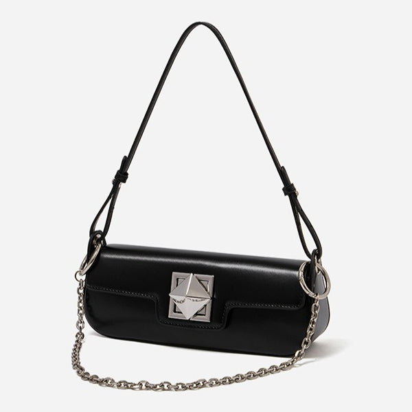 Women's Smooth Cowhide Silver-Buckle Baguette Shoulder Bag