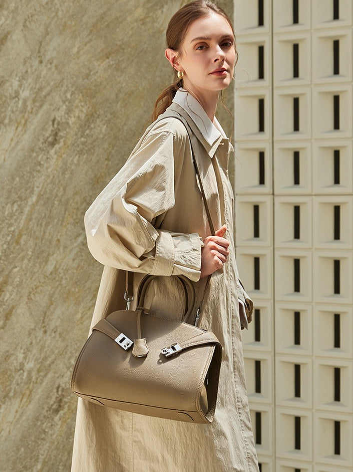 Women's Lychee-Grain Cowhide Double-Buckle Convertible Tote