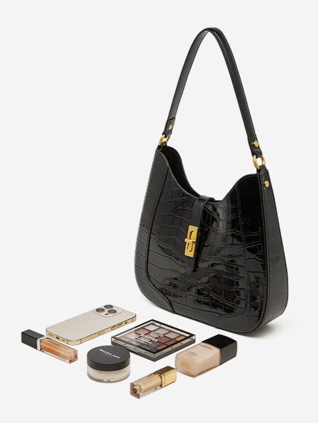 Women's Croc-Embossed Genuine Leather Hobo Bag with Detachable Pouch