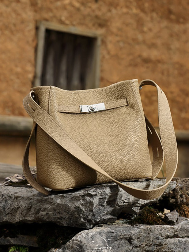 Women's Pebbled Cowhide Bucket Bag with Double-D Hardware