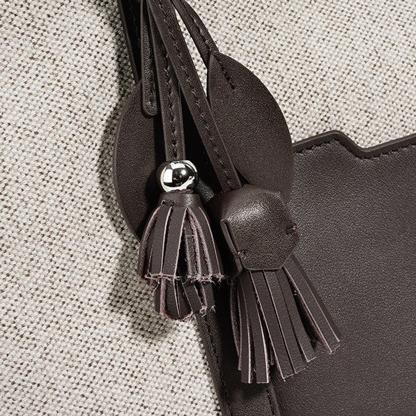 Women's Canvas Tote Bag with Genuine Leather Panels and Tassel Charm