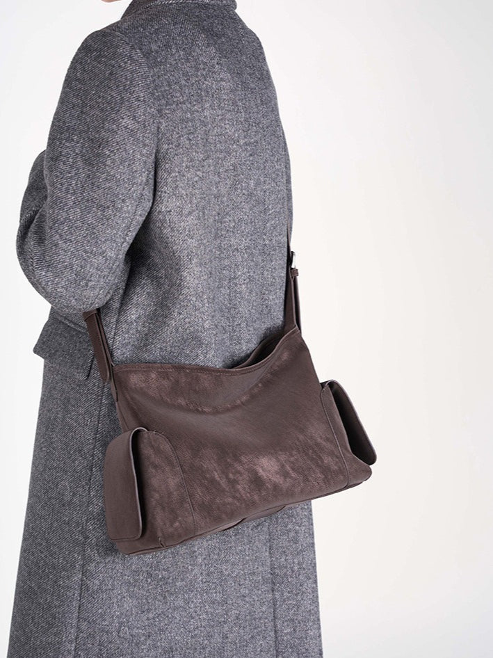 Women's Full-Grain Cowhide Slouchy Shoulder Bag with Side Pockets