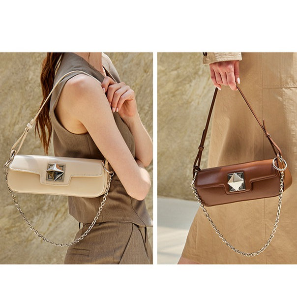 Women's Smooth Cowhide Silver-Buckle Baguette Shoulder Bag