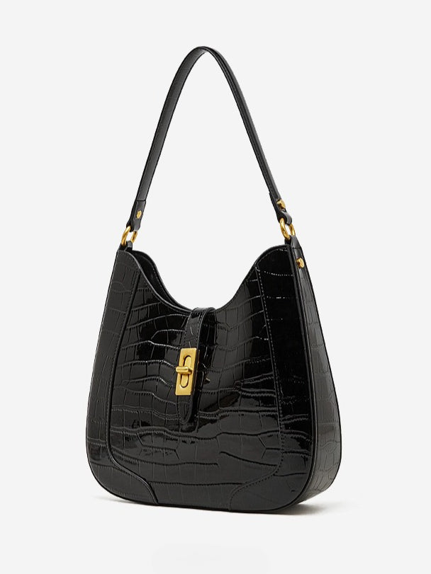 Women's Croc-Embossed Genuine Leather Hobo Bag with Detachable Pouch