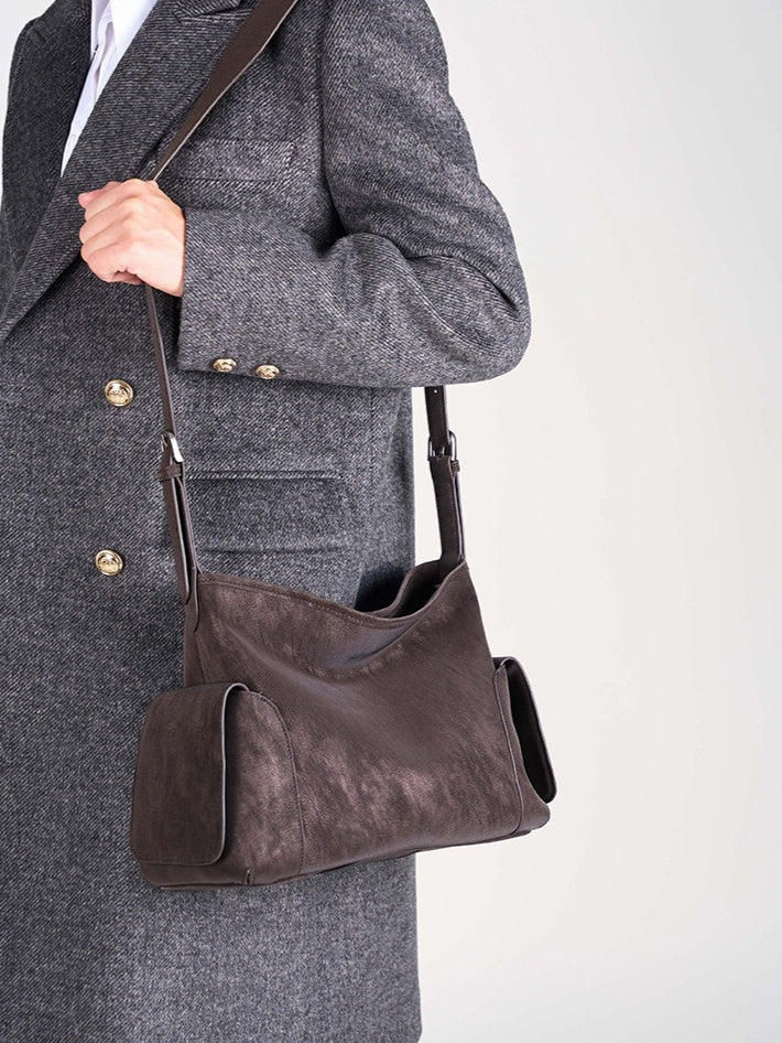 Women's Full-Grain Cowhide Slouchy Shoulder Bag with Side Pockets