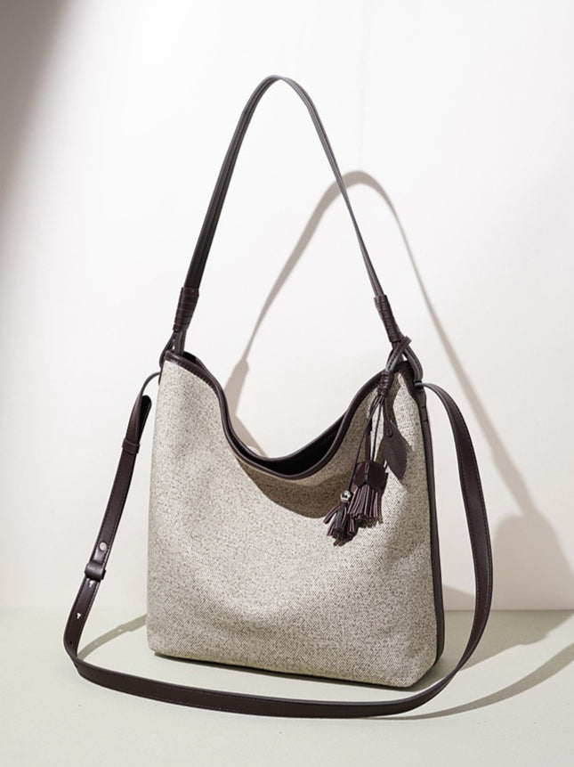 Women's Canvas Bucket Bag with Leather Trim and Tassel Charm