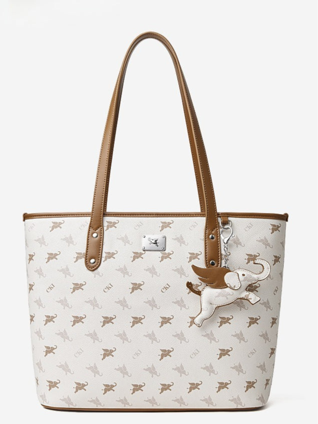 Women's Flying Elephant Printed Tote Bag with Detachable Charm