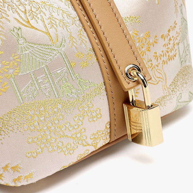 Women's Oriental Garden Genuine Leather Bucket Bag with Charm