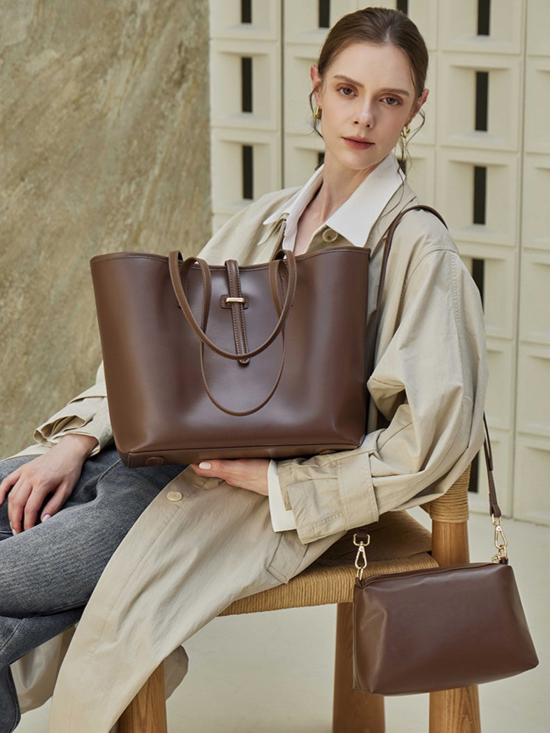 Women's Cowhide Tote Bag Set with Convertible Inner Pouch