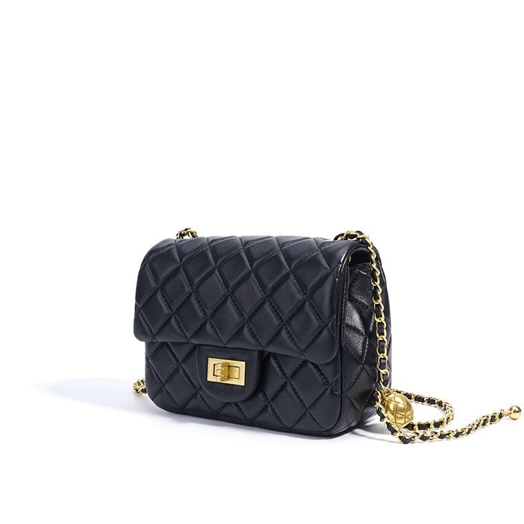 Women's Quilted Sheepskin Flap Bag with Golden Ball Chain
