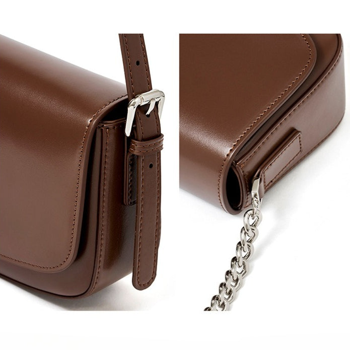 Women's Soft Cowhide Baguette Saddle Bag with Chain Strap