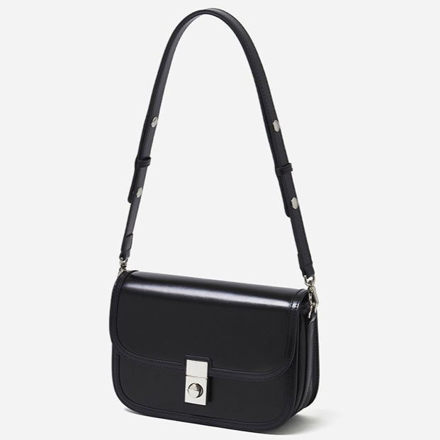 Women's Plain Cowhide Curved Satchel with Twist-Lock Closure