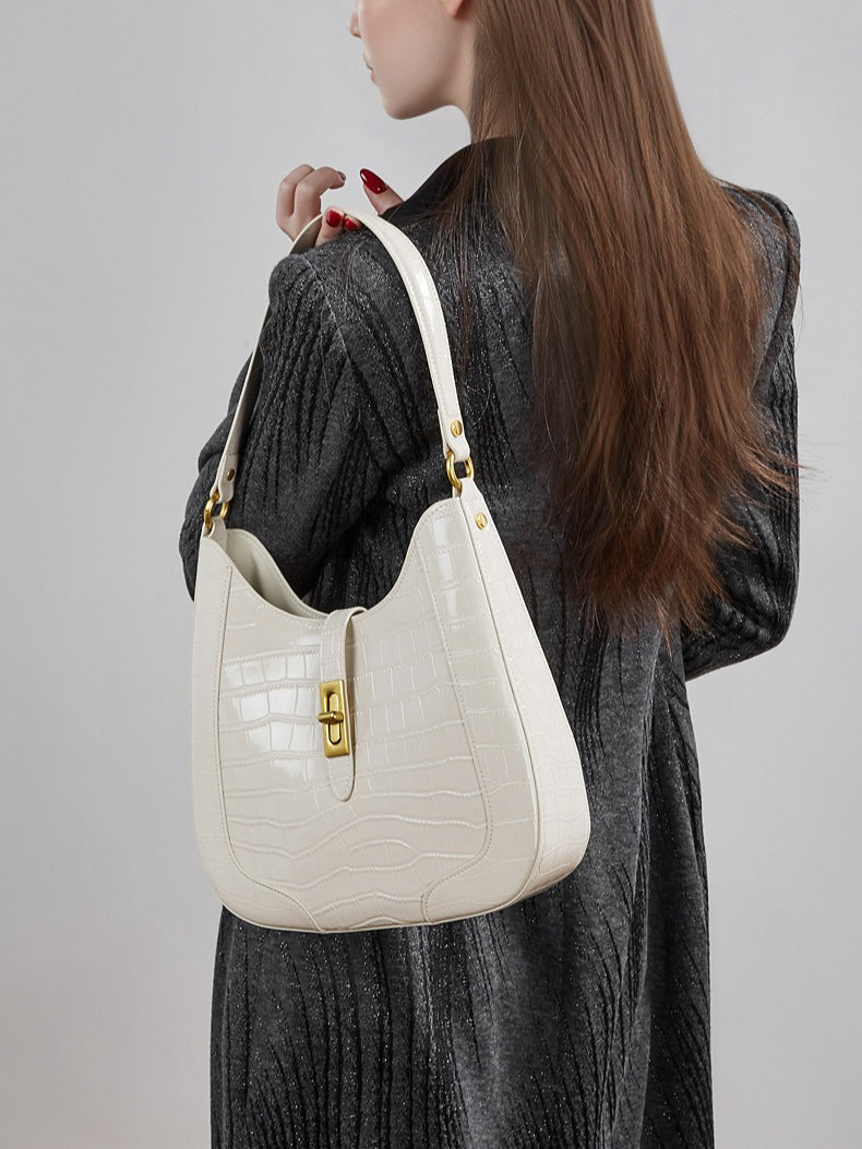 Women's Croc-Embossed Genuine Leather Hobo Bag with Detachable Pouch