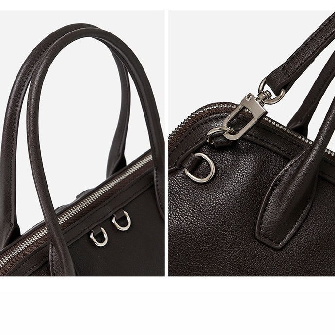 Women's Plain Cowhide Seashell Boston Bag with Double Zipper