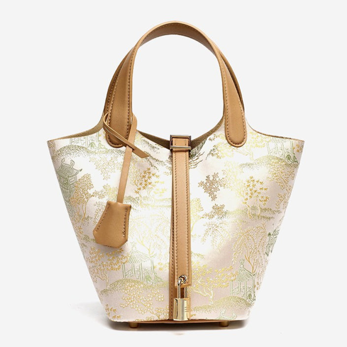 Women's Oriental Garden Genuine Leather Bucket Bag with Charm