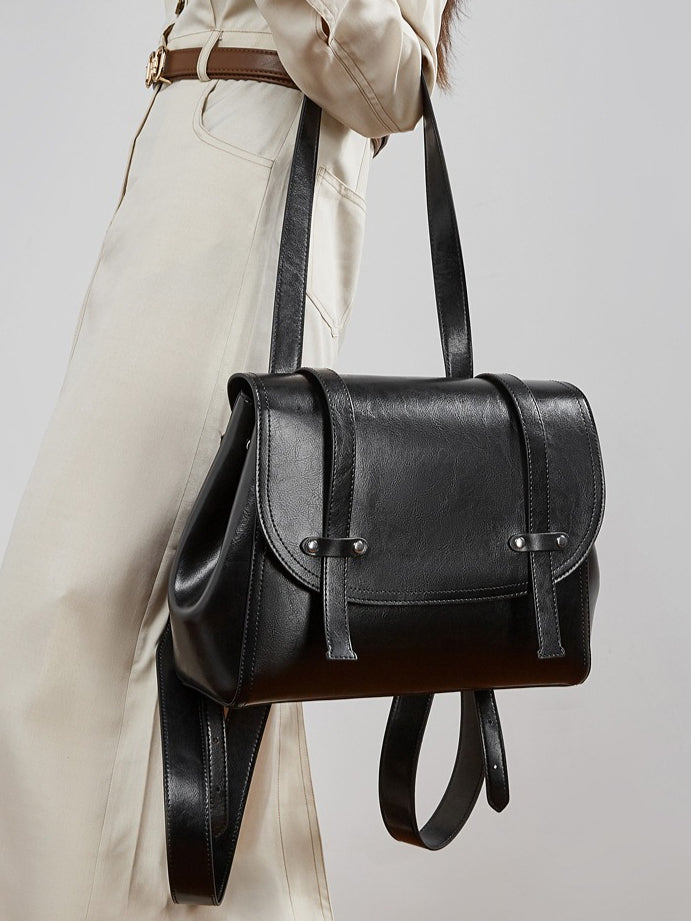 Women's Oil-Waxed Cowhide Convertible Flap Backpack
